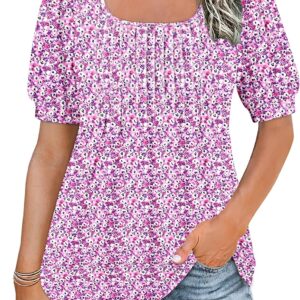 AUSELILY Womens Summer T Shirts Dressy Puff Short Sleeve Tunic Tops Pleated Square Neck Summer Top 2025 Trendy