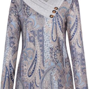 Akivide Womens Boho Floral Long Sleeve Cowl Neck Dressy Casual Blouse Vintage Ethnic Print Sweatshirt Tunic Top Shirts