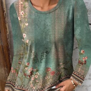 Womens Boho Floral Long Sleeve Dressy Casual Blouse Vintage Ethnic Print Top Shirts Tshirt