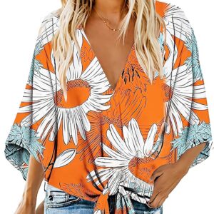 Women's Casual Floral Blouse Batwing Sleeve Loose Fitting Shirts Boho Knot Front Tops