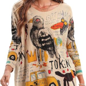 ellazhu Women's Casual Long Sleeve Loose Artsy Graphic Newspaper Pullover Sweaters DH07