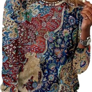 Womens Boho Floral Long Sleeve Dressy Casual Blouse Vintage Ethnic Print Tops Shirts