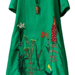 Minibee Women's Embroidered Linen Dress Summer A-Line Sundress Hi Low Tunic Clothing