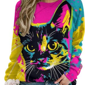 ZOCAVIA Women's Y2K Art Cat Sweatshirts Fall Abstract Cat Graphic Pullover Tops Long Sleeve Oil Painting Cat Printed T Shirts