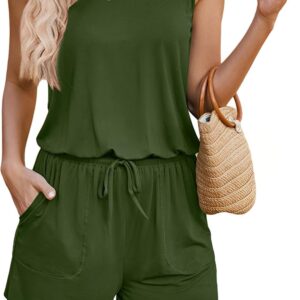 Adome Rompers for Women Summer Scoop Scoop NECK Top Casual Short Jumps follows with pockets