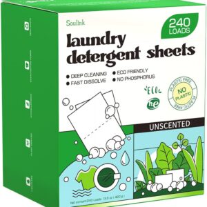 Non -flavored Soulink Surlink Blanch detergent sheets 240 loads ， Ecological detergent leaves for travel and house - no soap strips without plastic jugs, plants, hypoallergenic. Sure for sensitive skin