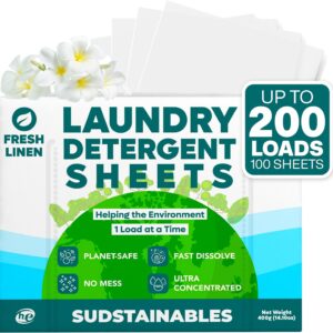 Detergent detergent sheets (200 charges) - eco -friendly, zero waste, wash leaves without laundry without plastic; Unstoppable and economical bands for travel (fresh linen)