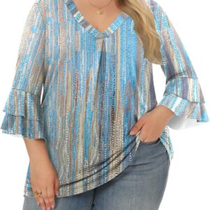 Rapbin Womens Plus Size Tops 3/4 Length Sleeve V Neck Pleated Shirts Loose Fit Tunic Blouse (1X-5X)