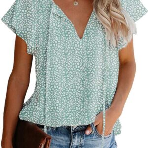 Mansy Women's Casual Floral Print V Neck Ruffle Short Sleeve Summer Shirts Tops Loose Blouses