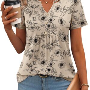 Zeagoo Womens Short Sleeve Tops Summer Henley V-Neck Tshirts Casual Pleated Blouse Dressy Loose Floral Basic Tee