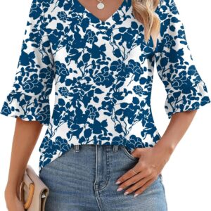 LOMON 3/4 Length Sleeve Womens Tops Summer V-Neck Blouses Spring Ruffle Sleeve Tunic T-Shirts Dressy Casual