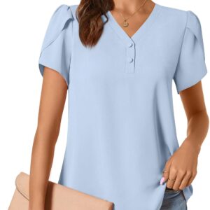 CATHY Womens Casual Summer Tops Dressy Petal Short Sleeve Chiffon Shirts Button Up V Neck Tunic Blouses