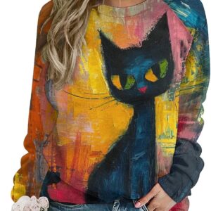 ZOCAVIA Women's Y2K Art Cat Sweatshirts Fall Abstract Cat Graphic Pullover Tops Long Sleeve Oil Painting Cat Printed T Shirts