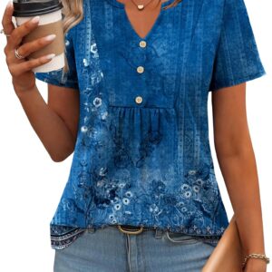 Zeagoo Womens Short Sleeve Tops Summer Henley V-Neck Tshirts Casual Pleated Blouse Dressy Loose Floral Basic Tee