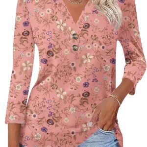 Womens 3/4 Sleeve V Neck T Shirt Floral Collared Button Down Shirts for Women S-XXL