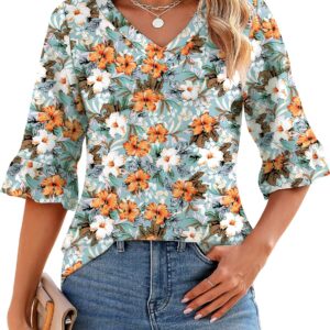 LOMON 3/4 Length Sleeve Womens Tops Summer V-Neck Blouses Spring Ruffle Sleeve Tunic T-Shirts Dressy Casual