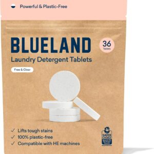 BLUELAND Laundry Detergent Tablets, 36 Count, Unscented Plastic-Free Eco-Friendly Pods, Sheets, Liquid Alternative - Natural, Gentle, Non Toxic