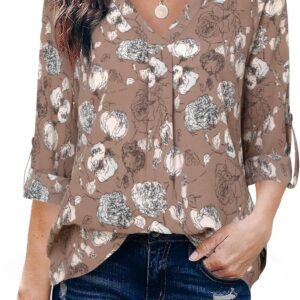 Youtalia Womens 3/4 Cuffed Sleeve Chiffon Printed V Neck Casual Blouse Shirt Tops