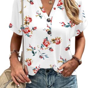 Micoson Short Sleeve Womens Tops Summer V Neck T-Shirts Dressy Casual Henley Blouses Button Basic Tee Loose Fit