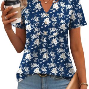 Zeagoo Womens Short Sleeve Tops Summer Henley V-Neck Tshirts Casual Pleated Blouse Dressy Loose Floral Basic Tee