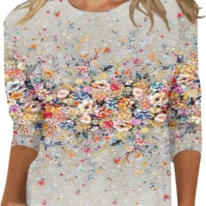 Shirts for Women Summer 3/4 Sleeve Crew Neck Floral Blouse Womens Tops Dressy Casual T-Shirt Painted Graphic Tees