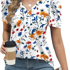 LOMON Womens Puff Short Sleeve Shirt Summer Tops V Neck Casual T Shirts Loose Fit Blouses