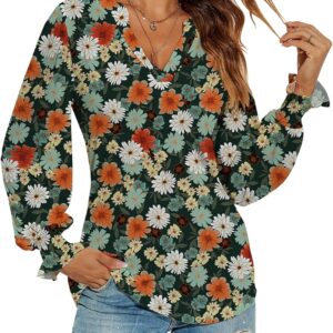 Romanstii Women's Casual V-Neck T-Shirts Loose Puff Long Sleeve Tops Tunic Blouses