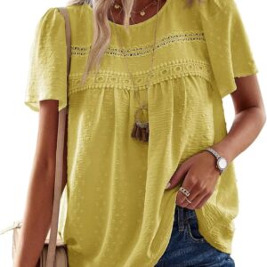 Womens Summer Tops Crewneck Short Sleeve Shirts Casual Chiffon Blouses Flowy Lace Hem Boho Clothing Trendy 2025