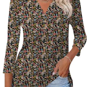 Women 3/4 handle in V Colt Floral T-shirt Coullared Button Down Shirts for Women S-XXL