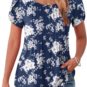 Zeagoo Womens Tops Petal Short Sleeve Summer Casual Crew Neck Shirts Floral Solid Blouse Pleated Tunics