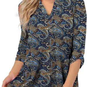 Othyroce Womens Floral Printed Tunic Tops 3/4 Roll Sleeve V Neck Blouses Long Sleeve Shirts for Women