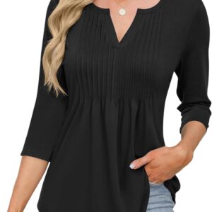 LUYAA 3/4 Length Sleeve Womens Tops V Neck Tunic Tops Dressy Casual Pleated Shirts Fashion Tops for Women Trendy