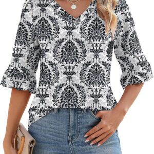 LOMON 3/4 Length Sleeve Womens Tops Summer Loose V-Neck Eyelet T-Shirts Dressy Casual Ruffle Sleeve Tunic Blouses