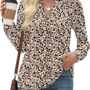 LOMON Long Sleeve Shirts for Women Henley V Neck T-Shirt Dressy Casual Pleated Tops Pullover Tunic Spring Clothes 2025 S-XXL