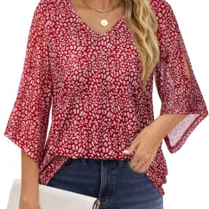 Womens 3/4 Sleeve Work Tops,Ruffle Sleeve V Neck Blouse Womens Dress Shirts Junior Business Casual Tops Flowy Professional Clothes Elegant Dressy Chiffon Tunics Polka Dots Red XL