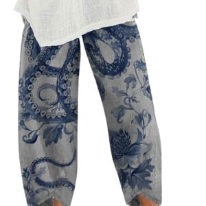 Capris Linen Pants for Women Ocean Japanese Art Printed Baggy Cropped Wide Leg Pallazzo Trousers Pants for Beach