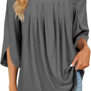 Viracy 3/4 Sleeve Tunic Tops to Wear with Leggings Crewneck Pleated Long Loose Fit Shirt Blouses