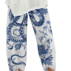 Capris Linen Pants for Women Ocean Japanese Art Printed Baggy Cropped Wide Leg Pallazzo Trousers Pants for Beach