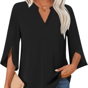 Women Blouses Dressy Casual 3/4 Sleeve Tops Business Work Chiffon Office V Neck Shirts M-3XL