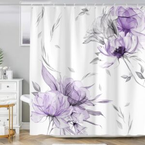 Floral shower curtain sets of purple and gray bathroom curtains, rustic firm watercolor boho shower curtains with floral leaves decor, polyoyetst fabric with 12 hooks, 72 x 72 inches