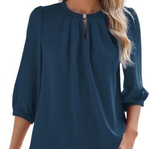 Rapbin Keyhole V Neck Puff 3/4 Length Sleeve Womens Tops Dressy Casual Chiffon Work Blouses Pleated T-Shirts Loose Fit S-XXL