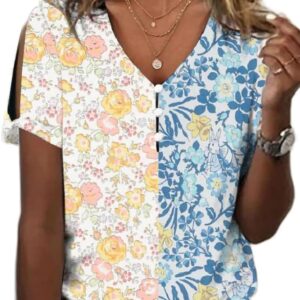 Hotyd Womens Boho Tops Floral Short Shirts with Vres sleeves