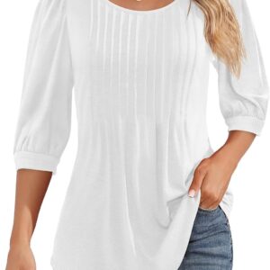 Ficerd Women's Puff 3/4 Sleeve Tops Trendy Crew Neck Tunic Top Pleated Casual Loose Dressy T Shirts Blouses