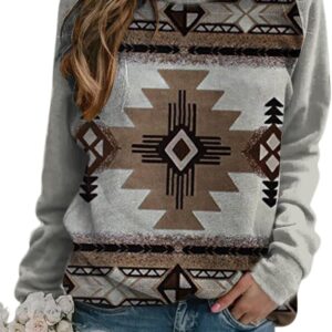 HOTYD Western Sweatshirts for Women Casual Long Sleeve Vintage Aztec Geometric Graphic Shirts Loose Crew Neck Pullover Tops