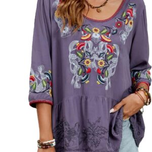 Embroidered tops for women 3/4 with handle sleeves shirts dressed tunic round shirts