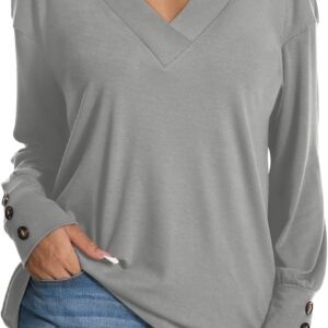 Women's 2025 V Neck Buttons Down Long Sleeve T Shirts Casual Loose Tops Fall Fashion Basic Blouses