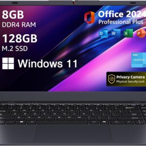 Laptop with MS Office 2024, 14.1 inch HD display, 8 GB of RAM / 128 GB SSD, N5095 Quad Core PC processor, 2.4 g / 5g Hz WiFi support, BT