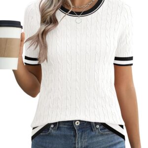 Micoson Womens Short Sleeve Cable Knit Sweater Tops Crewneck Lightweight Spring Summer Shirts Business Dressy Casual Outfits