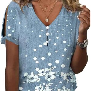 HOTYD Womens Boho Tops Floral Short Sleeve V Neck Shirts Dressy Casual Summer Blouses Plus Size Button Clod Shoulder Tops