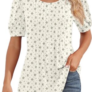 Ficerd Women's Puff Short Sleeve Tops Tops with pleated crew Summer blans dressed t-shirts in relaxed relaxed